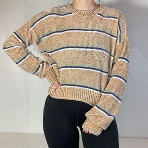 Tan + Blue + White + Green Striped Chenille Cropped Crewneck Knit Sweater